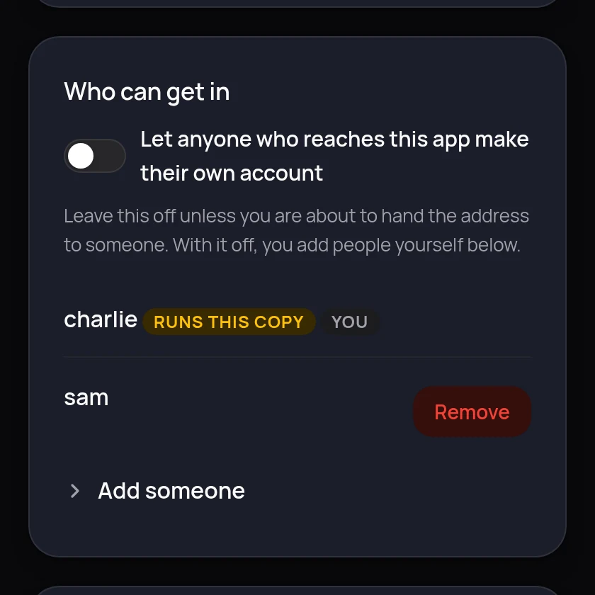 The accounts part of the Where settings page. A switch to let anyone reaching the app make their own account, a list showing charlie who runs this copy and sam, with a Remove button, and an Add someone section.