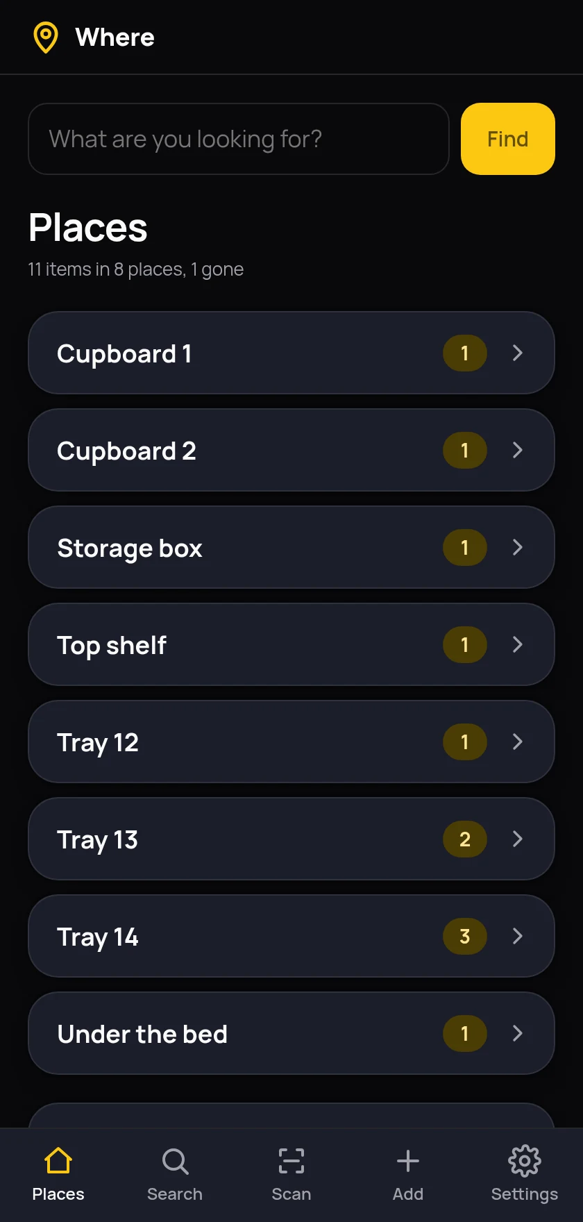 The Where home screen listing places: Cupboard 1, Cupboard 2, Storage box, Top shelf, Tray 12, Tray 13, Tray 14 and Under the bed, each with a count of how many items are in it.