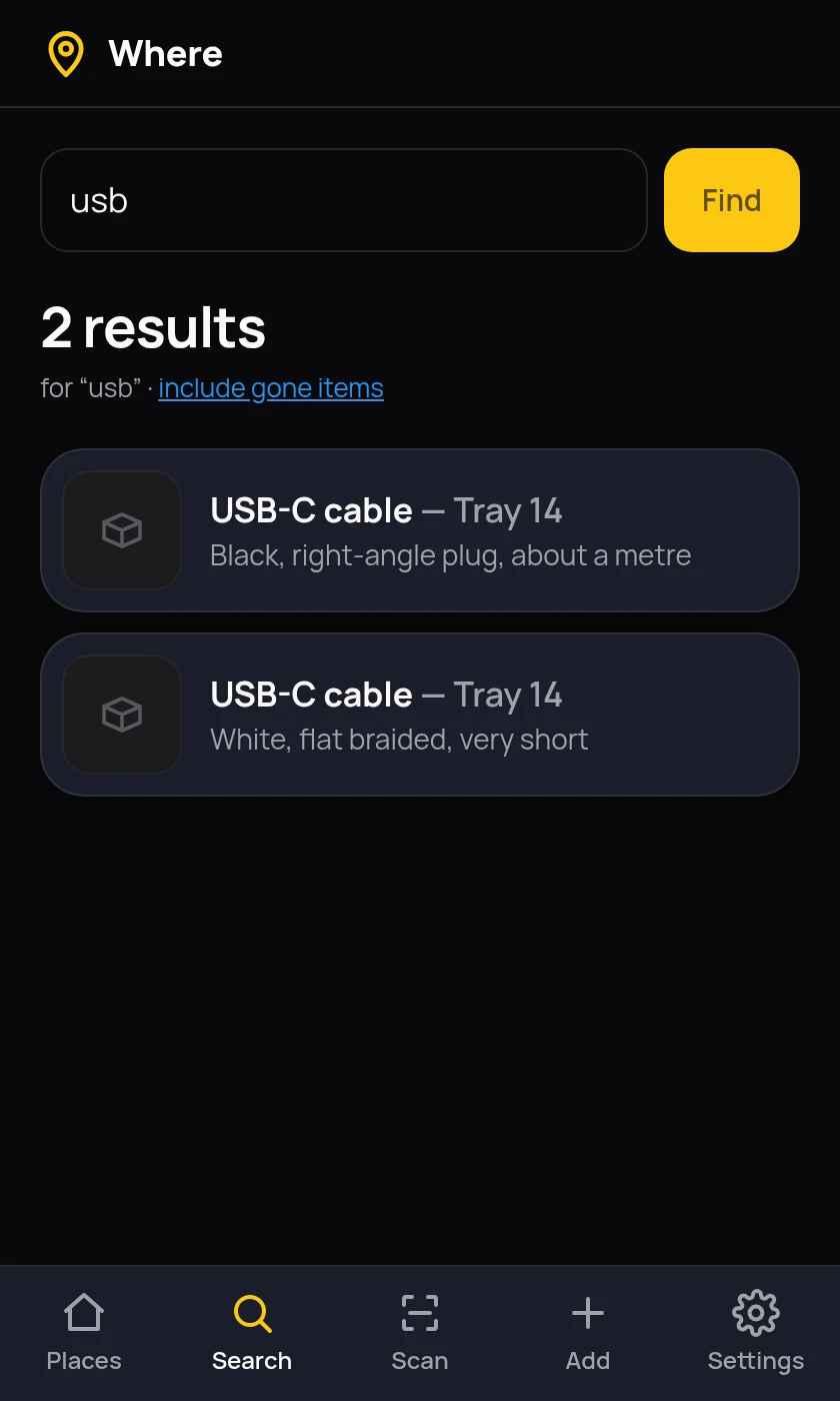 A search for the word usb in Where, returning two results. Each names the item and the place on one line, USB-C cable dash Tray 14, with a short description underneath saying black, right-angle plug, about a metre, and white, flat braided, very short.